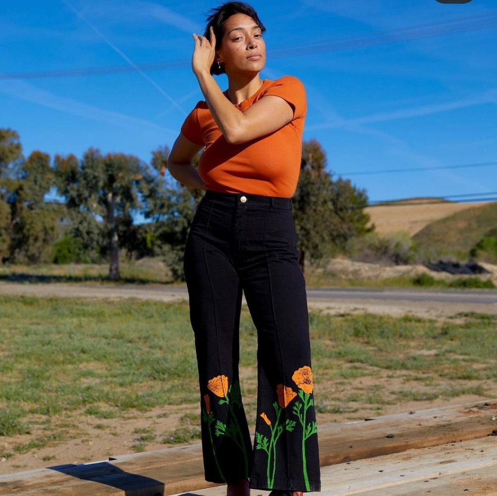 Big bud press California poppy paint stamp pants